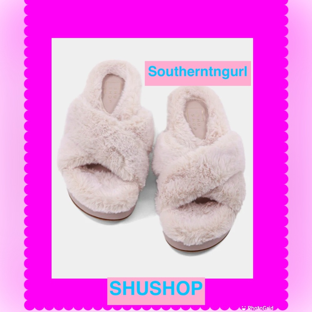 NWT SHUSHOP “ Juliet “ Plush Crisscross Slide Slippers in Cream